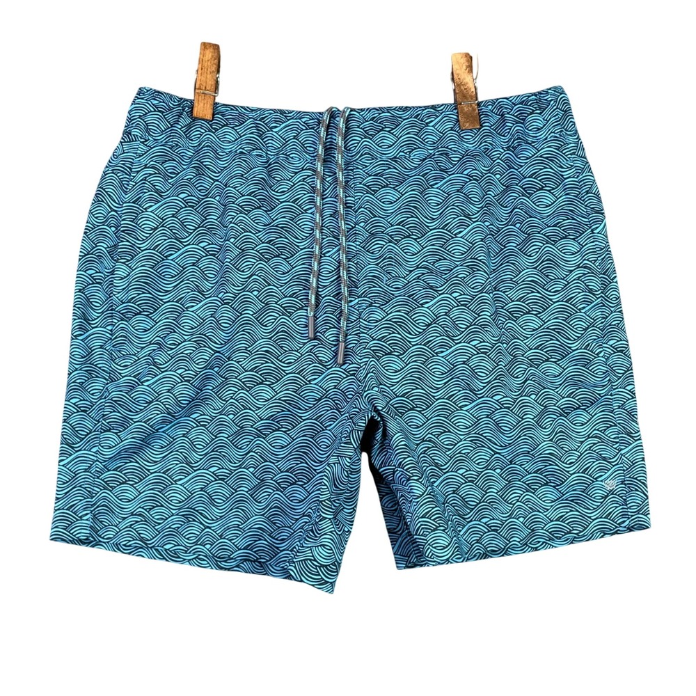 Mack Weldon Swim Trunks Mens Medium Blue Wave Print Board Shorts Lined 6" Inseam